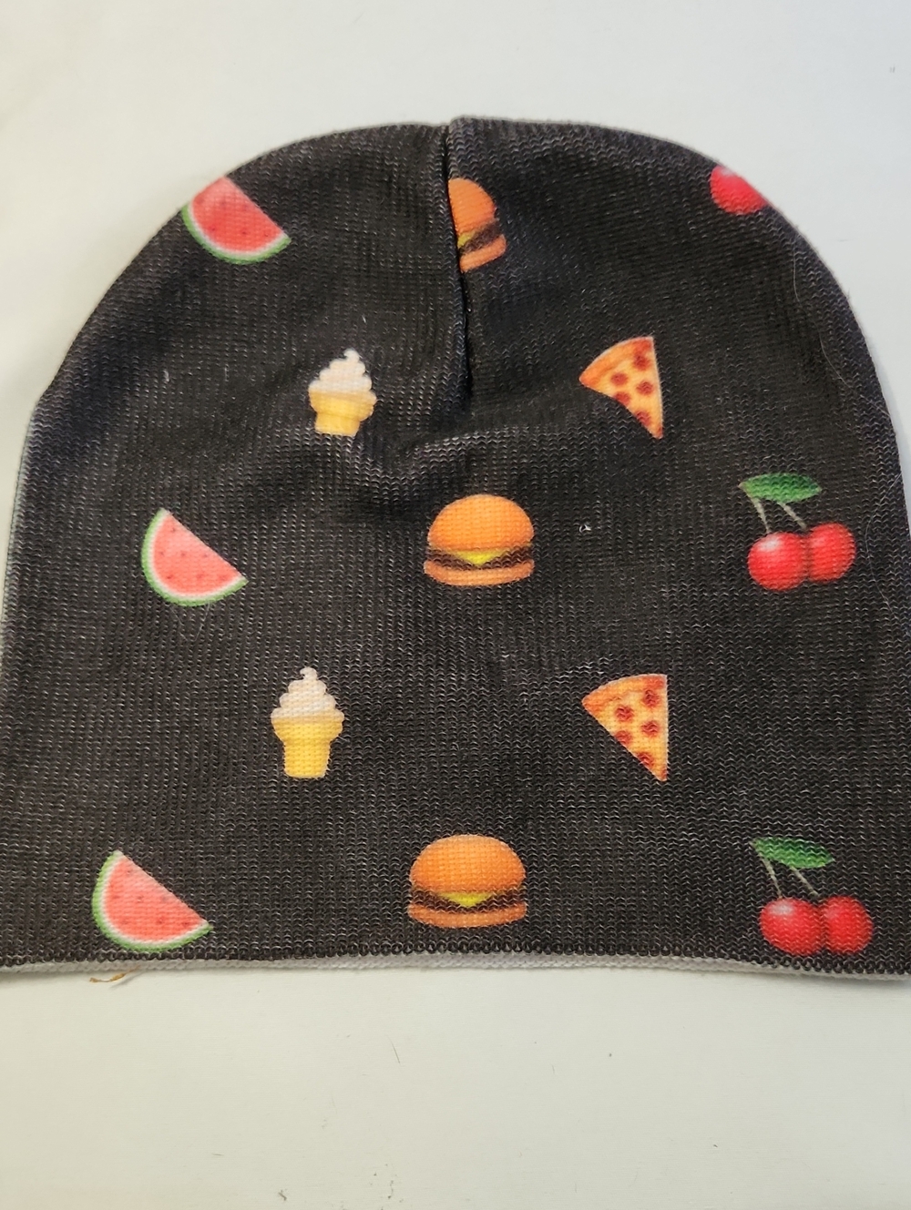 Black Beanie Hat with Colorful Food Icons